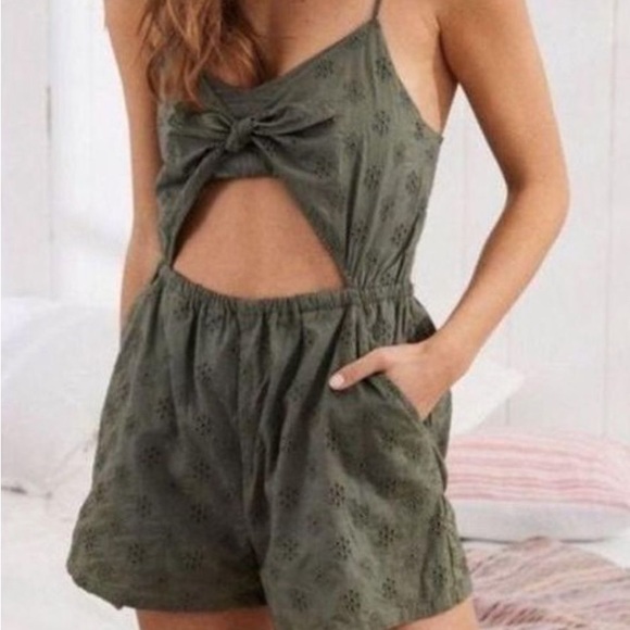 aerie Pants - AERIE ARMY GREEN EYELET SHORT ROMPER WITH CUTOUT